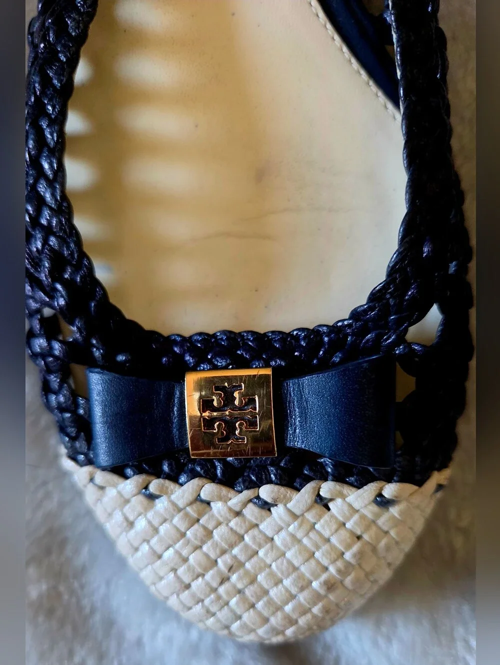 Tory Burch Navy Raffia-Trim Bow Flats